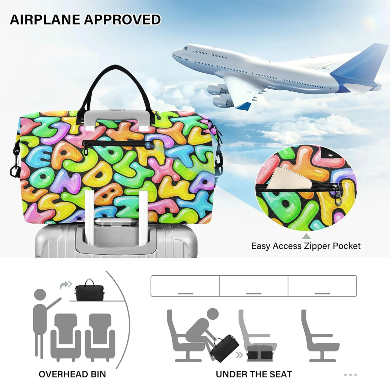 Exnundod Women Weekender Bags Jelly Rainbow Alphabet Travel Duffel Bags Carry On Overnight Bag Cartoon Large Hospital Tote Luggage