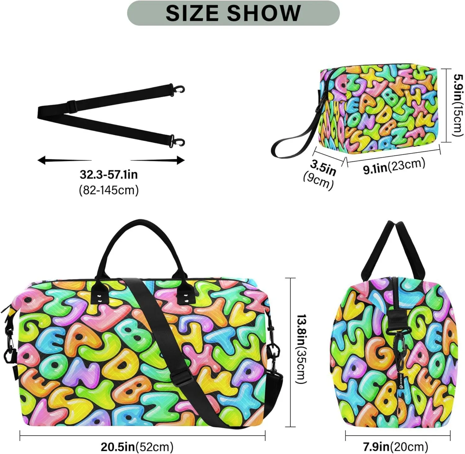 Exnundod Women Weekender Bags Jelly Rainbow Alphabet Travel Duffel Bags Carry On Overnight Bag Cartoon Large Hospital Tote Luggage