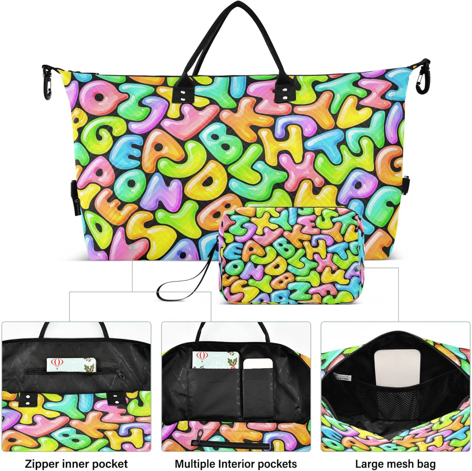 Exnundod Women Weekender Bags Jelly Rainbow Alphabet Travel Duffel Bags Carry On Overnight Bag Cartoon Large Hospital Tote Luggage