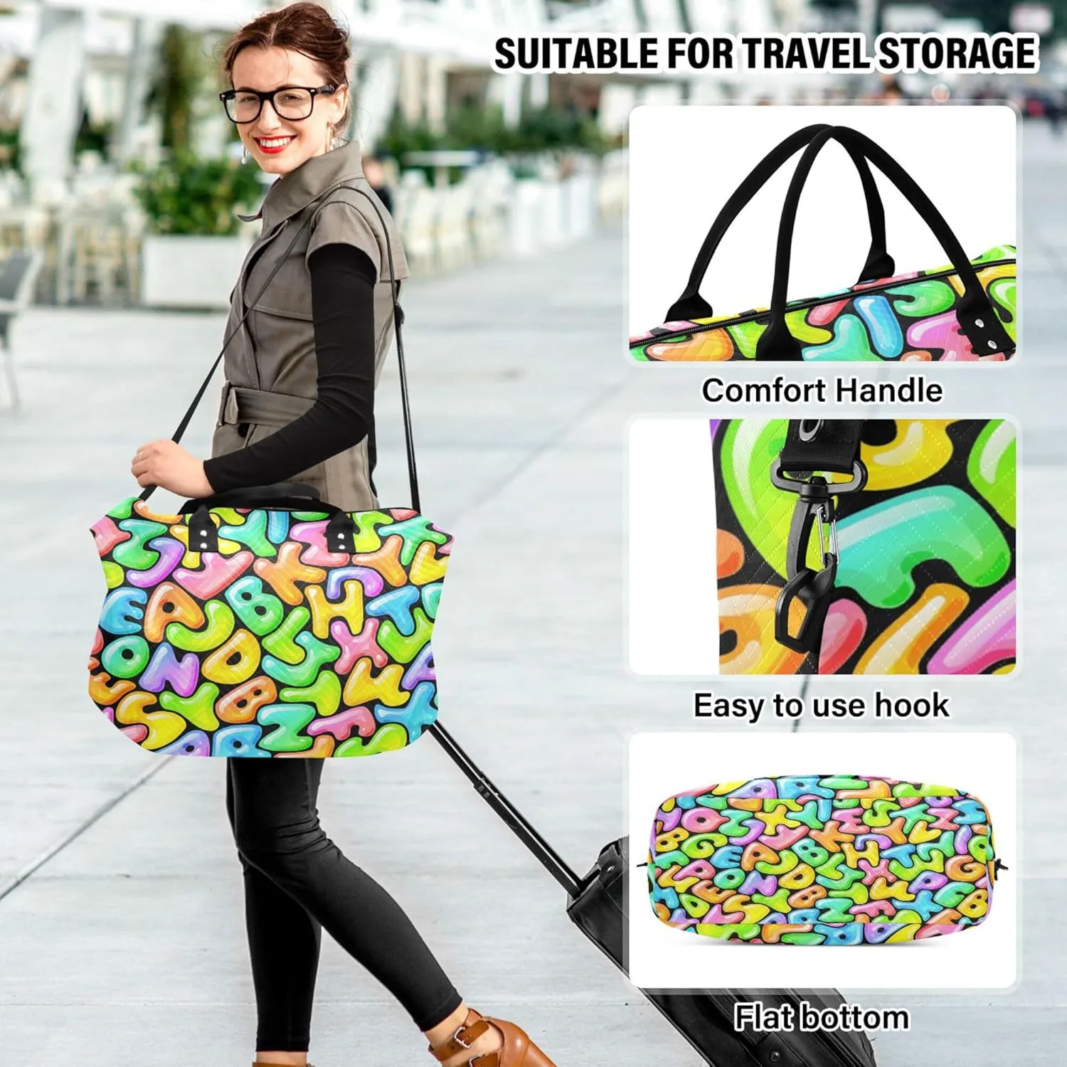 Exnundod Women Weekender Bags Jelly Rainbow Alphabet Travel Duffel Bags Carry On Overnight Bag Cartoon Large Hospital Tote Luggage