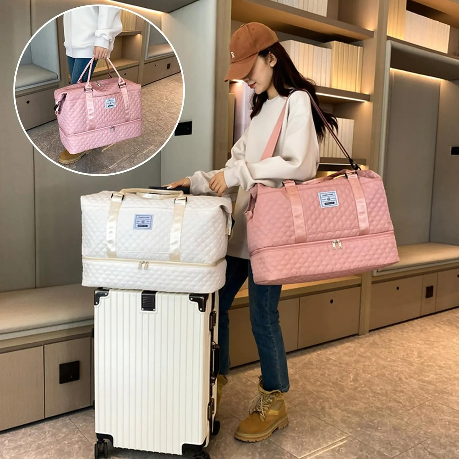 Expandable Weekender Bag for Women - Waterproof Large Capacity Travel Duffle with Multi-Compartment Organizer, Weekend Trips & Business Travel (pink)