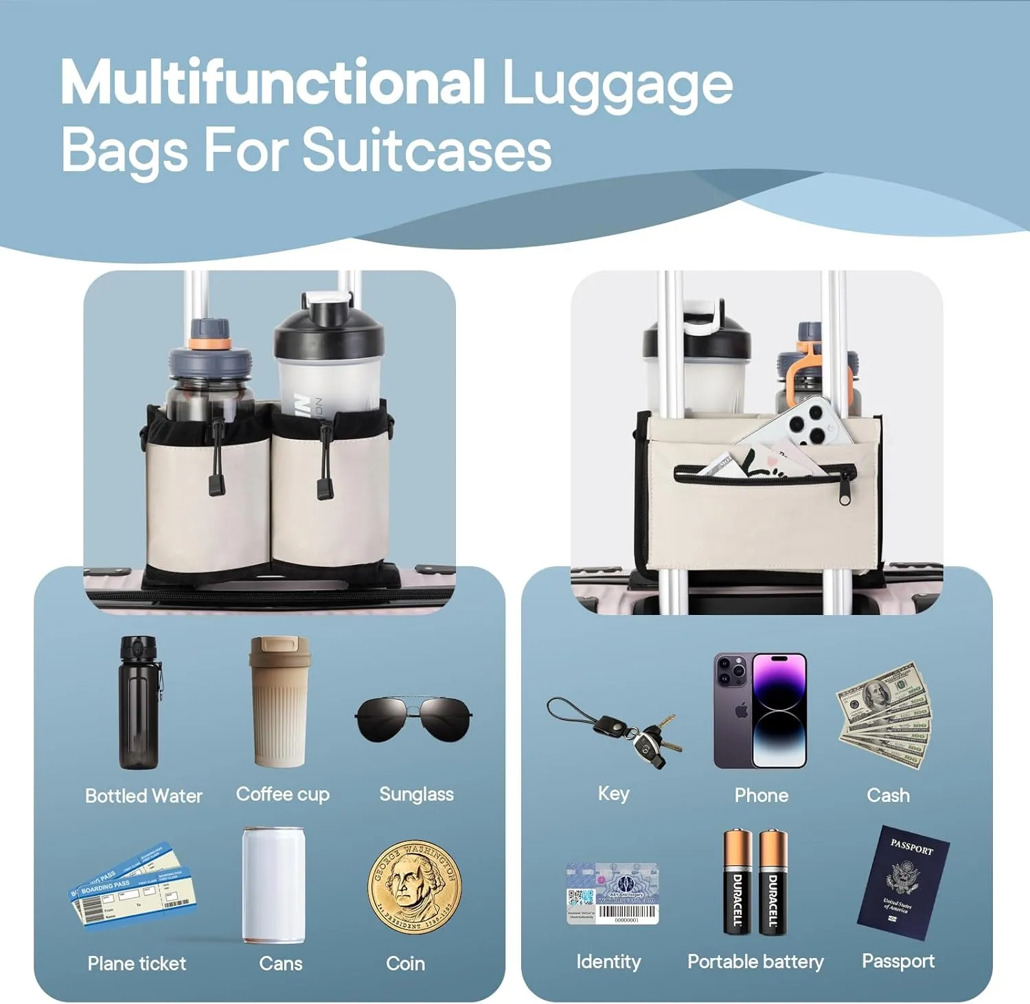 Extra Luggage Cup Holder Free Hand Drink Caddy for Suitcases to Travel and Business Trip,Travel Must Haves for Men & Women,Holds Two Coffee Cups,Passport,Flight Attendant Essential Organizer-Off White