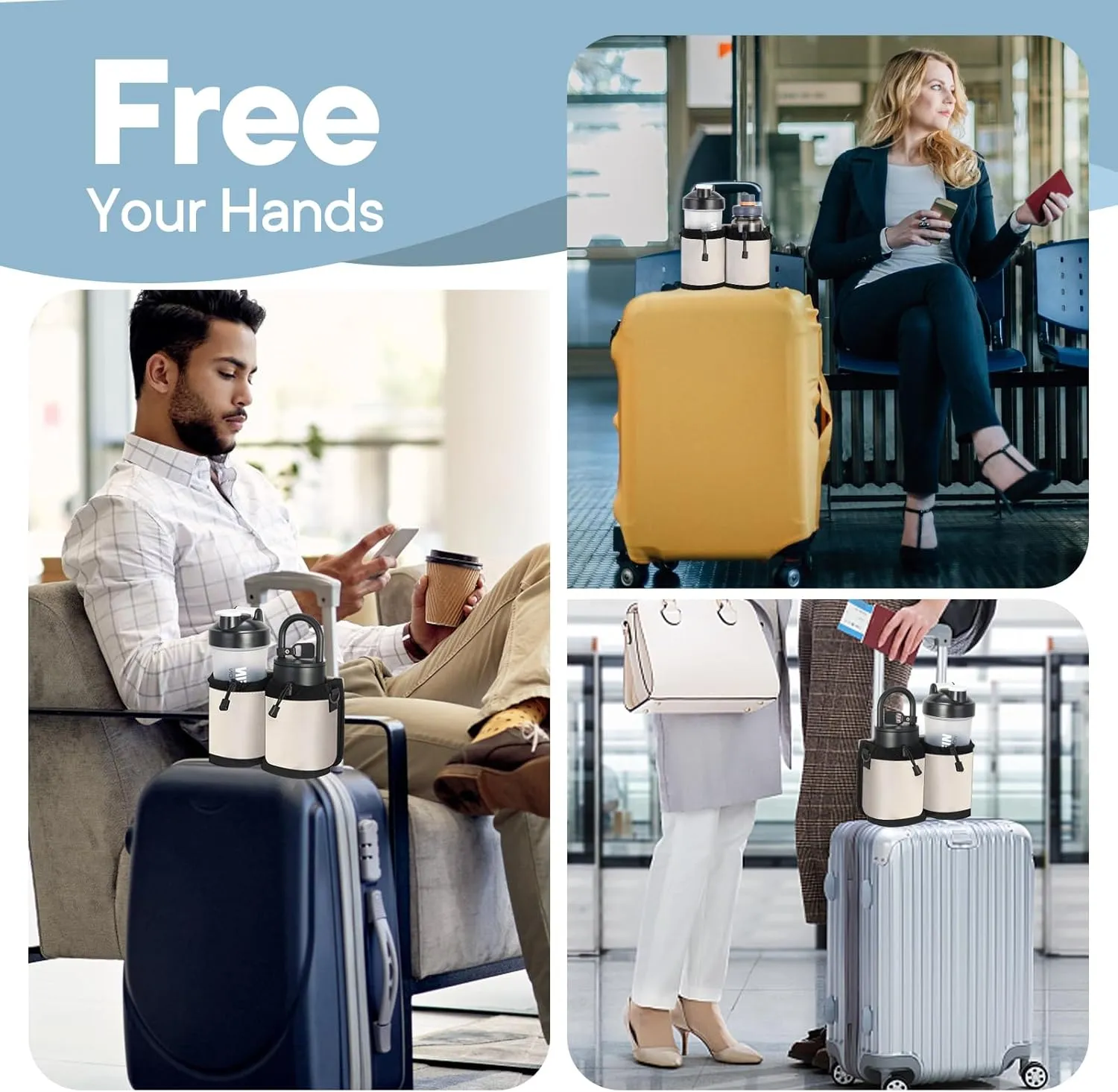 Extra Luggage Cup Holder Free Hand Drink Caddy for Suitcases to Travel and Business Trip,Travel Must Haves for Men & Women,Holds Two Coffee Cups,Passport,Flight Attendant Essential Organizer-Off White