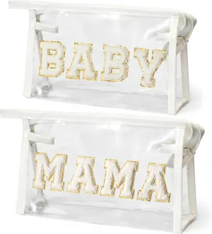 EZdhuawuse Mother's Day Cosmetic Bags - 2Pcs Summer Preppy Patch White MAMA BABY Chenille Varsity Letter Clear Toiletry Makeup Bag Aesthetic Waterproof Portable Makeup Pouch Clutch Purse for Mom