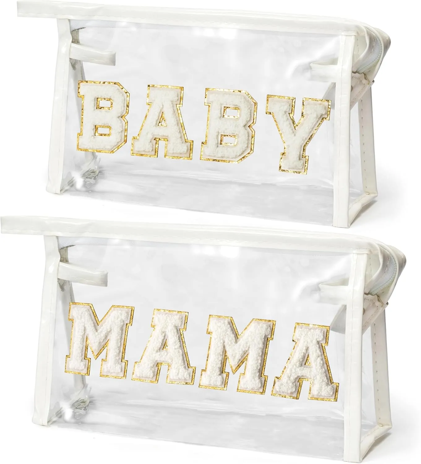 EZdhuawuse Mother's Day Cosmetic Bags - 2Pcs Summer Preppy Patch White MAMA BABY Chenille Varsity Letter Clear Toiletry Makeup Bag Aesthetic Waterproof Portable Makeup Pouch Clutch Purse for Mom