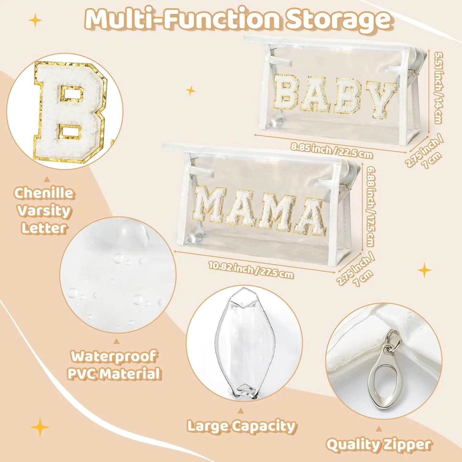 EZdhuawuse Mother's Day Cosmetic Bags - 2Pcs Summer Preppy Patch White MAMA BABY Chenille Varsity Letter Clear Toiletry Makeup Bag Aesthetic Waterproof Portable Makeup Pouch Clutch Purse for Mom