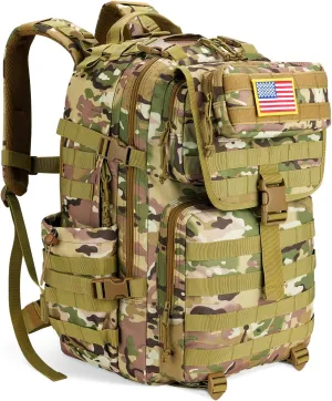 EZshoot Tactical Backpack, 45L Heavy Duty Military Backpack for Men, Army Molle 3 Days Assault Pack Bug Out Bag, Large Military Gear Travel Hiking Camping Sports Rucksack with Bottle Holder, CP