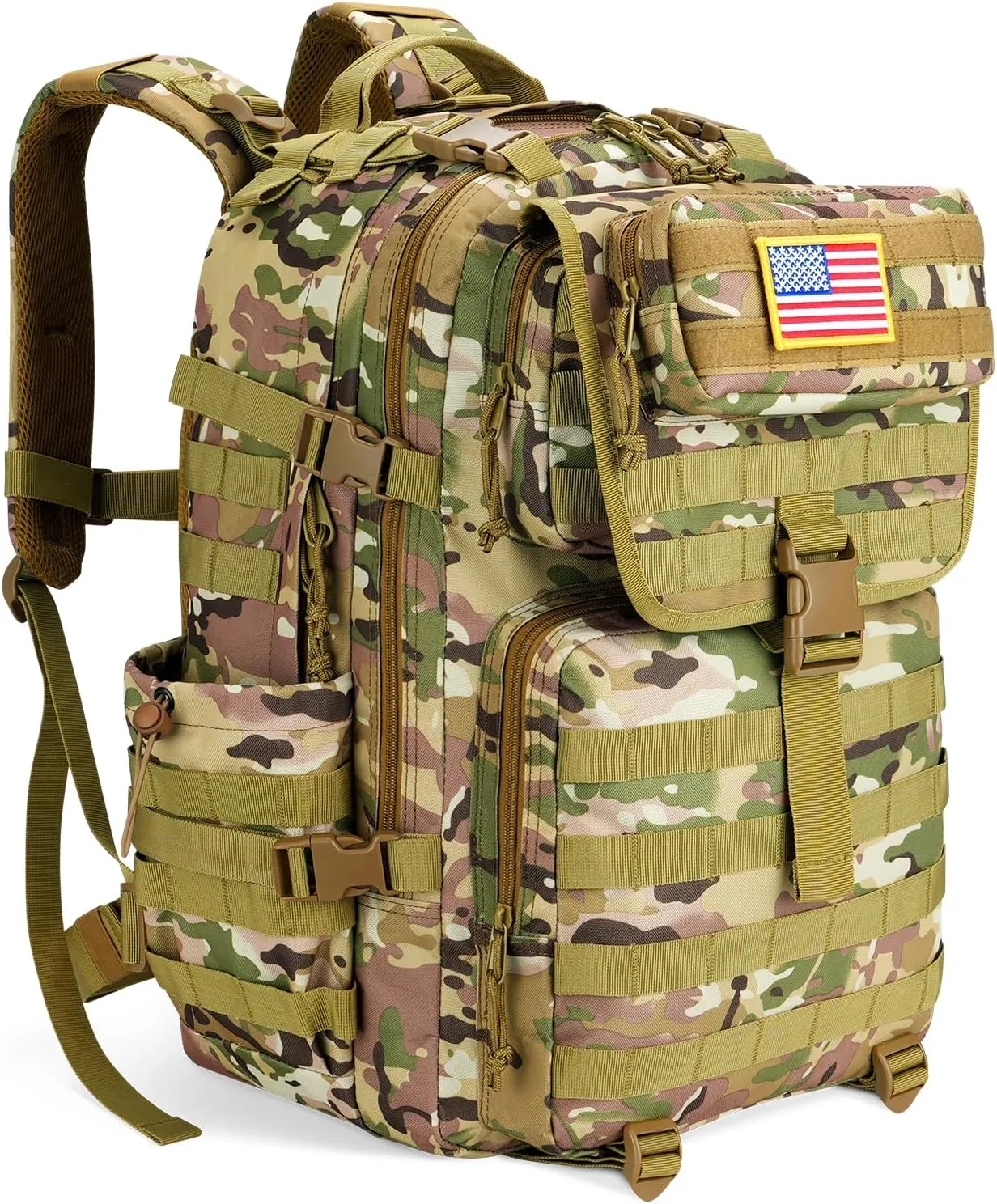 EZshoot Tactical Backpack, 45L Heavy Duty Military Backpack for Men, Army Molle 3 Days Assault Pack Bug Out Bag, Large Military Gear Travel Hiking Camping Sports Rucksack with Bottle Holder, CP