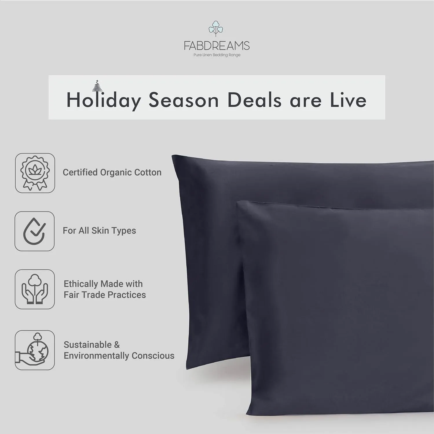 Fabdreams 100% Organic Cotton Standard Queen Pillowcases| 400 Thread Count | Luxury Hotel Collection | GOTS Certified Long Staple Cotton| Smoother Than Egyptian Cotton|Set of 2-20" x 30"|Dark Gray