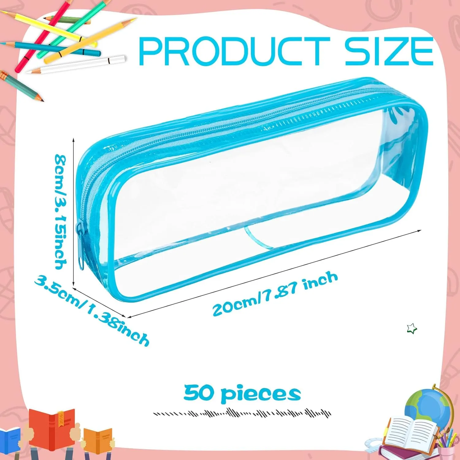 Fainne 50 Pcs Clear Pencil Pouch bulk Clear Pencil Case PVC Waterproof Travel Toiletry Makeup Bags with Zipper for Office Stationery(Blue)
