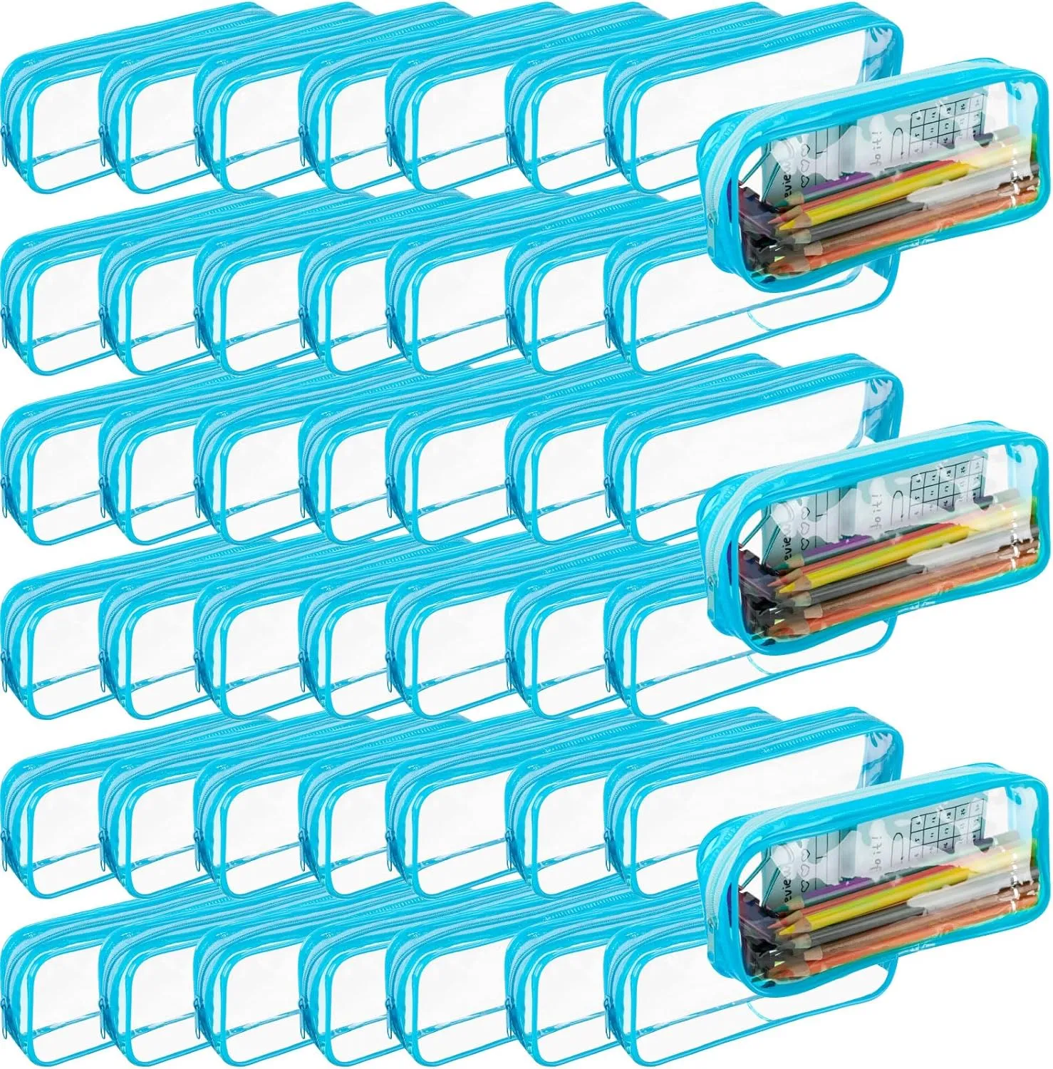 Fainne 50 Pcs Clear Pencil Pouch bulk Clear Pencil Case PVC Waterproof Travel Toiletry Makeup Bags with Zipper for Office Stationery(Blue)