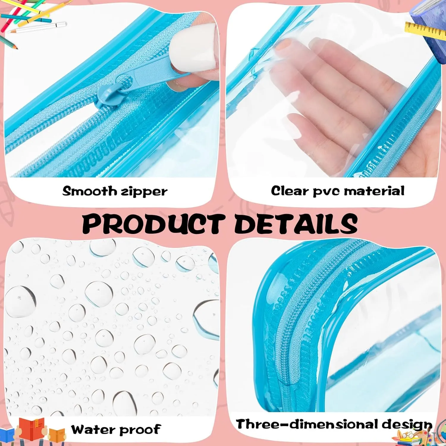 Fainne 50 Pcs Clear Pencil Pouch bulk Clear Pencil Case PVC Waterproof Travel Toiletry Makeup Bags with Zipper for Office Stationery(Blue)