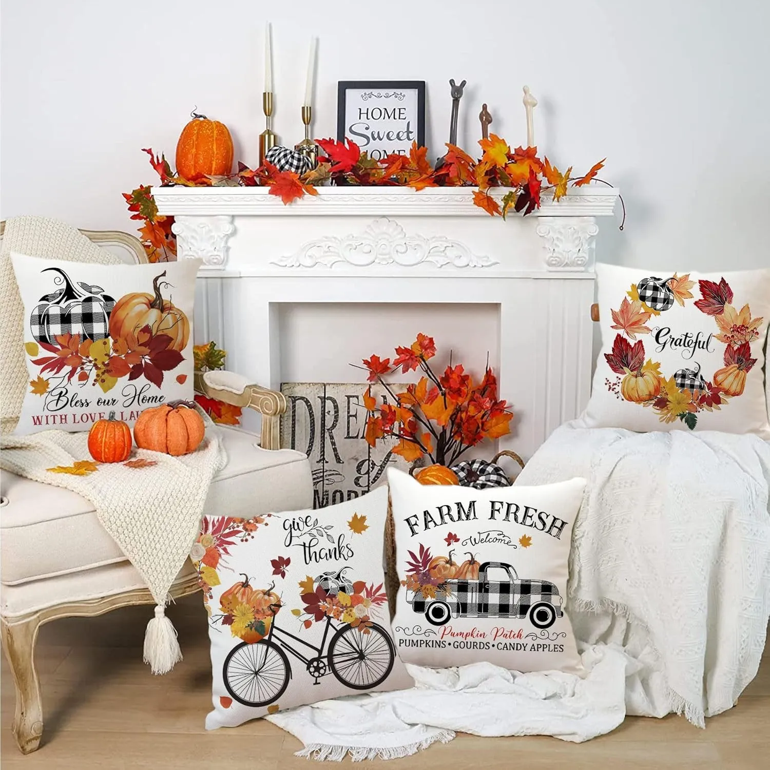Fall Pillow Covers 20x20 Set of 4 for Fall Decor Farmhouse Thanksgiving Buffalo Check Plaid Gnomes Pumpkin Outdoor Fall Pillows Decorative Throw Pillows Autumn Cushion Cases for Couch
