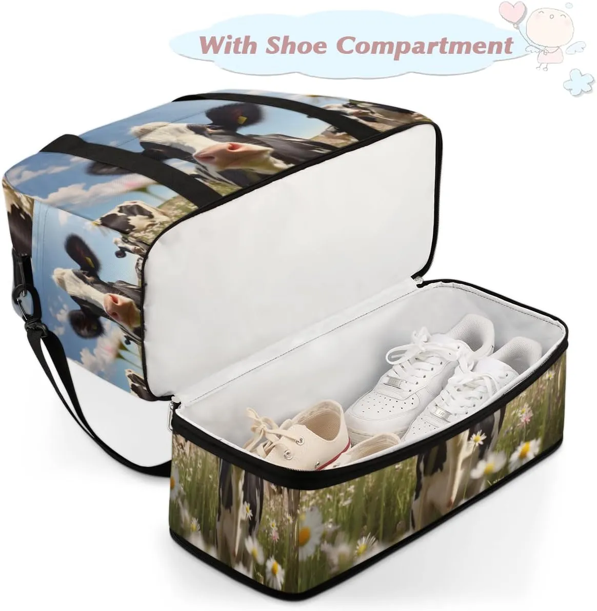 Farm Animal Cow Cattles Foldable Travel Duffel Bag Overnight Weekender Bag with Shoes Compartment Sports Gym Bag for Men Women