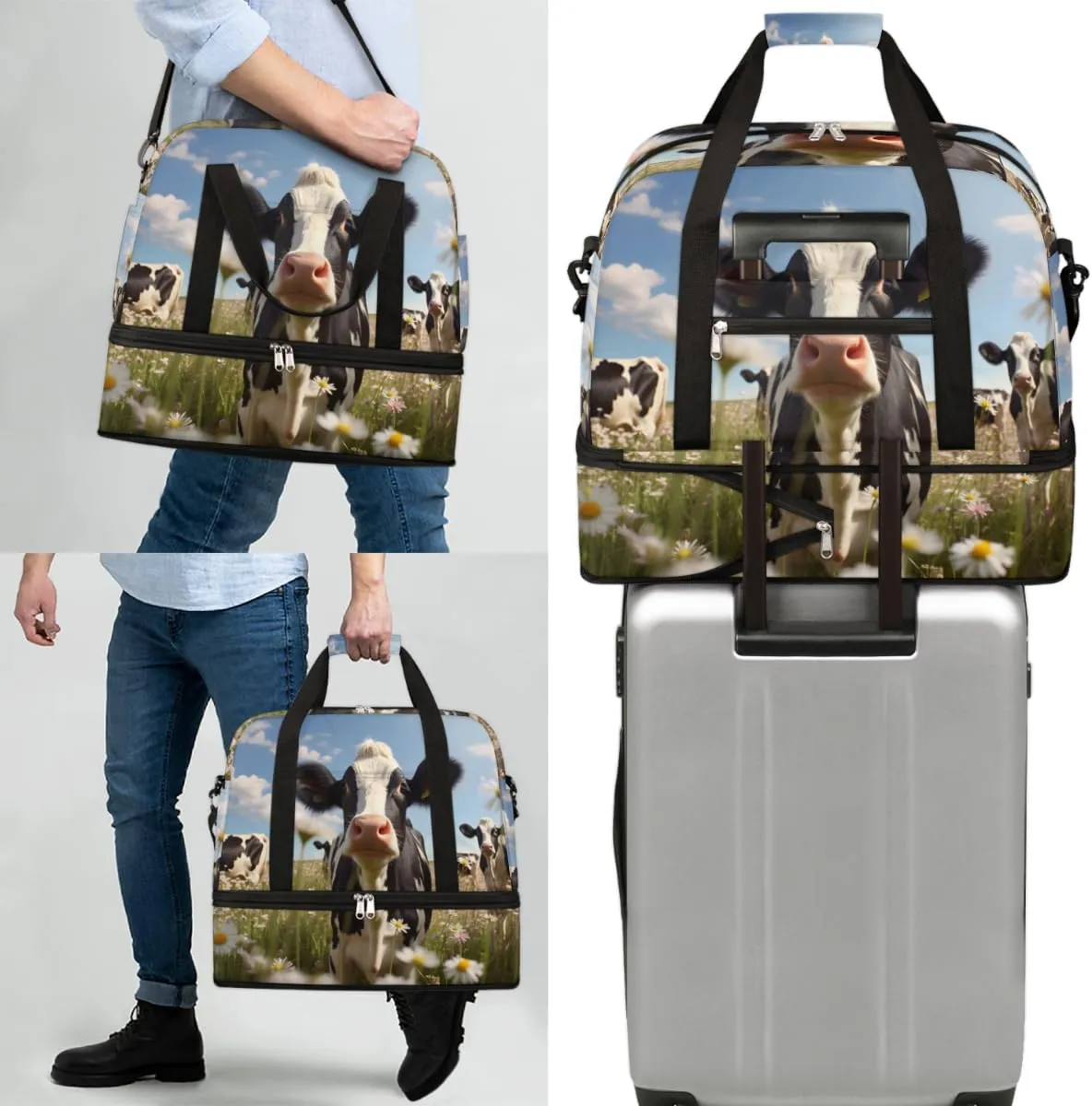 Farm Animal Cow Cattles Foldable Travel Duffel Bag Overnight Weekender Bag with Shoes Compartment Sports Gym Bag for Men Women