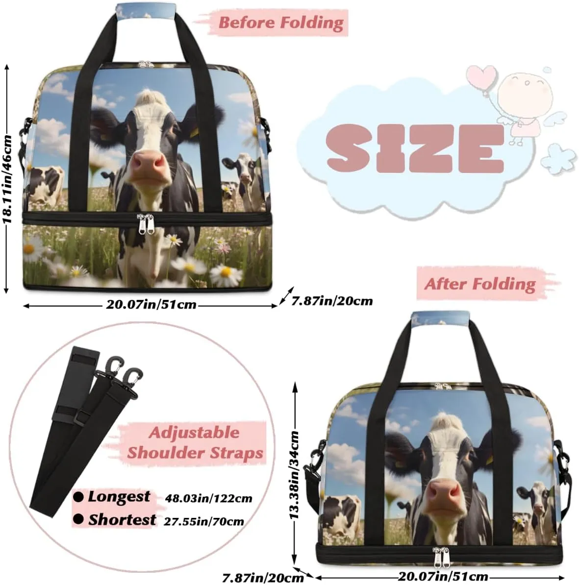 Farm Animal Cow Cattles Foldable Travel Duffel Bag Overnight Weekender Bag with Shoes Compartment Sports Gym Bag for Men Women