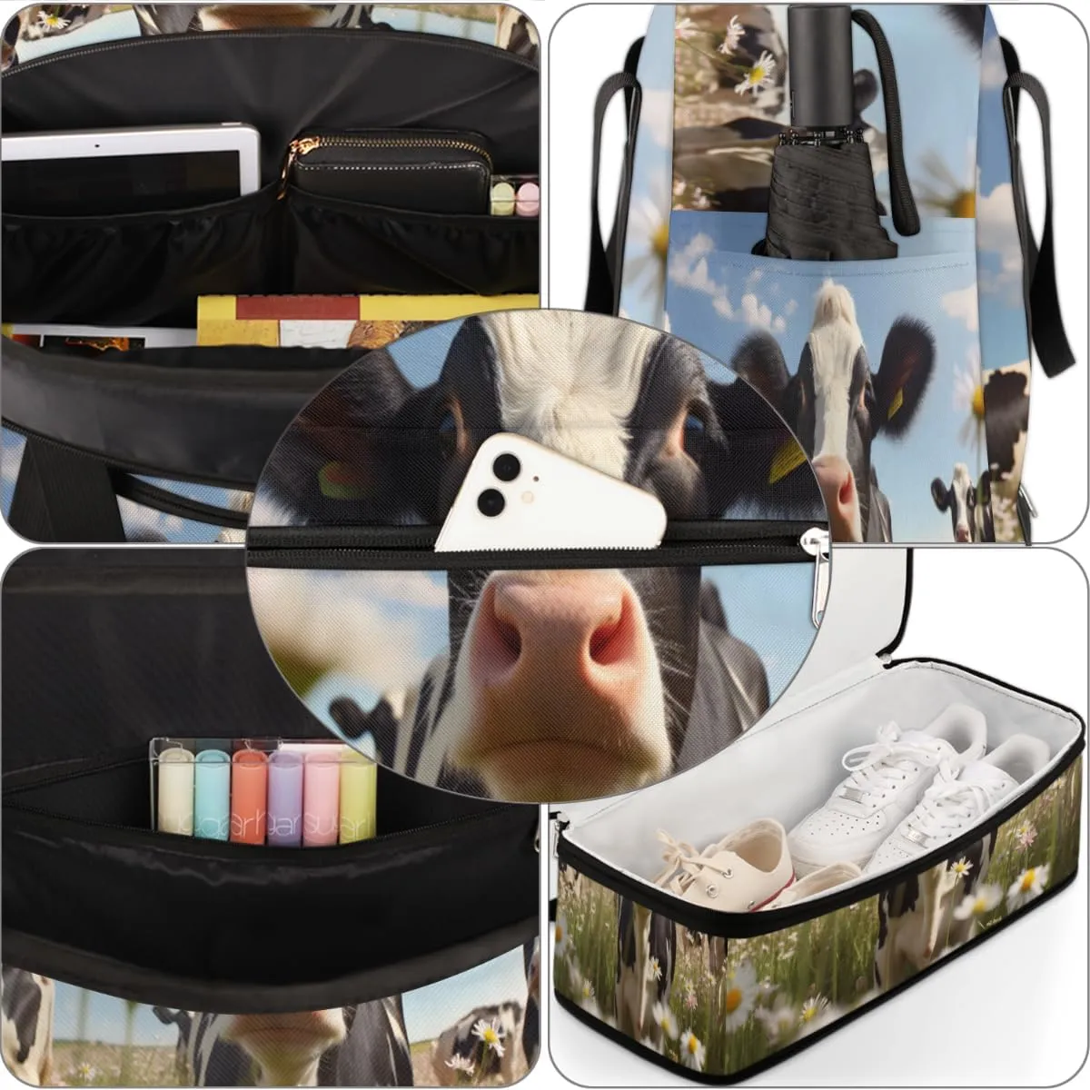Farm Animal Cow Cattles Foldable Travel Duffel Bag Overnight Weekender Bag with Shoes Compartment Sports Gym Bag for Men Women