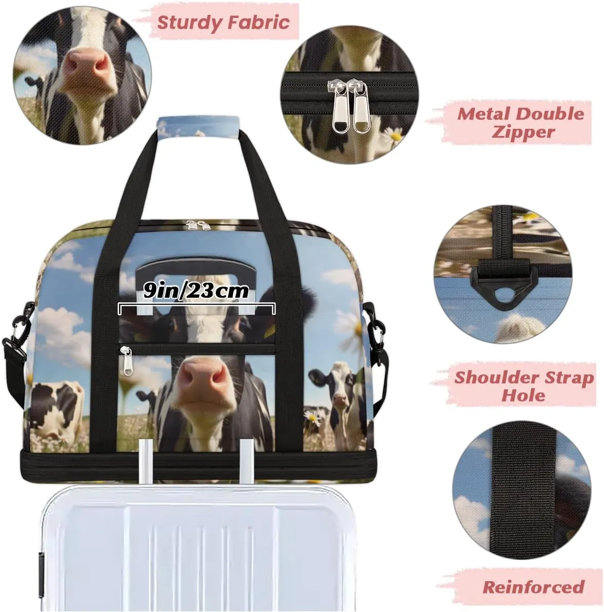 Farm Animal Cow Cattles Foldable Travel Duffel Bag Overnight Weekender Bag with Shoes Compartment Sports Gym Bag for Men Women