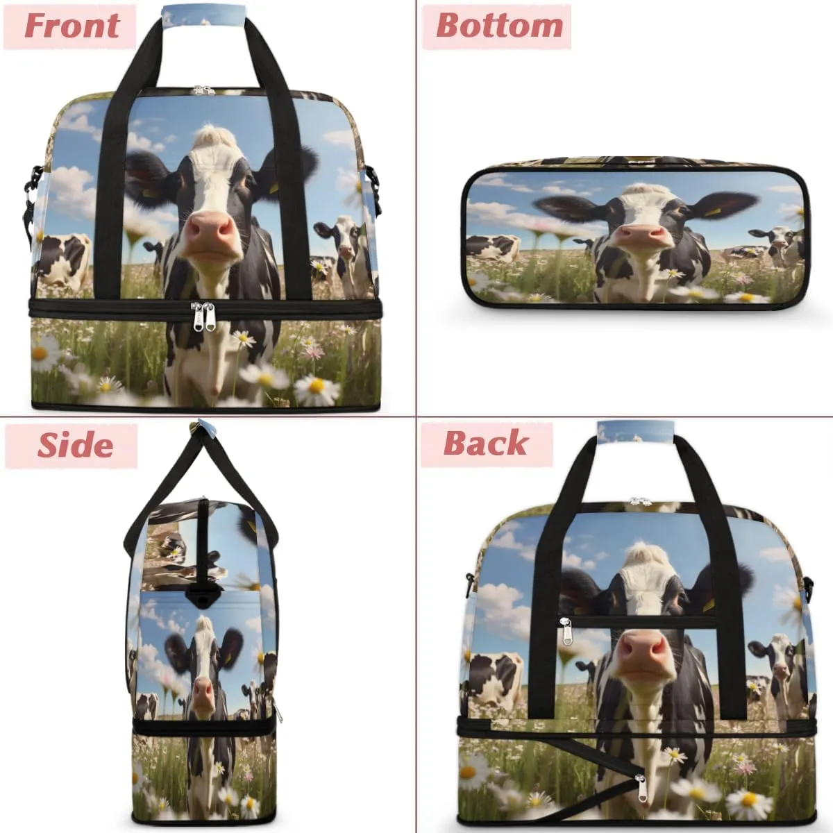 Farm Animal Cow Cattles Foldable Travel Duffel Bag Overnight Weekender Bag with Shoes Compartment Sports Gym Bag for Men Women