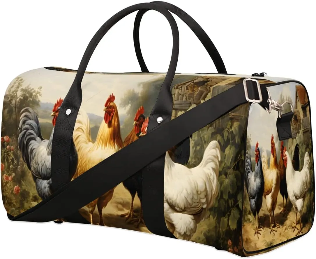 Farmhouse Rooster Chicken Travel Duffel Bag for Women Men Waterproof Foldable Overnight Weekender Bag Large Capacity Sports Gym Bag
