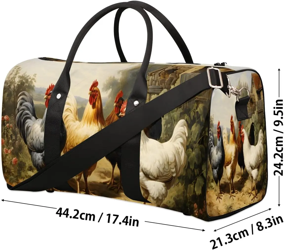 Farmhouse Rooster Chicken Travel Duffel Bag for Women Men Waterproof Foldable Overnight Weekender Bag Large Capacity Sports Gym Bag