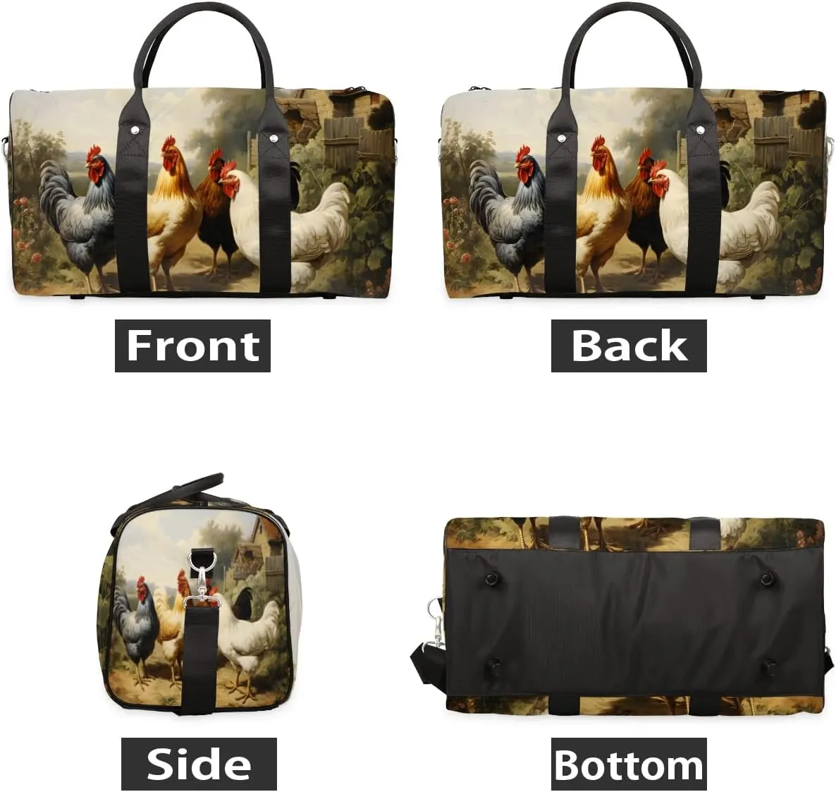 Farmhouse Rooster Chicken Travel Duffel Bag for Women Men Waterproof Foldable Overnight Weekender Bag Large Capacity Sports Gym Bag