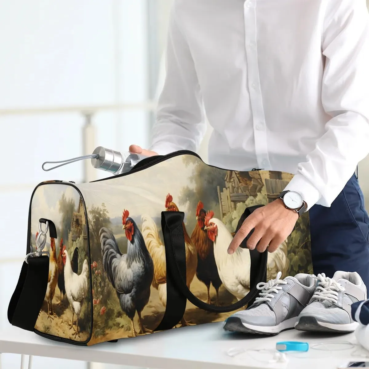 Farmhouse Rooster Chicken Travel Duffel Bag for Women Men Waterproof Foldable Overnight Weekender Bag Large Capacity Sports Gym Bag