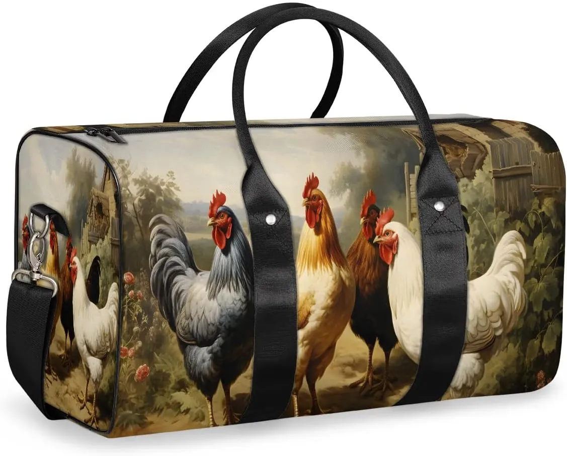 Farmhouse Rooster Chicken Travel Duffel Bag for Women Men Waterproof Foldable Overnight Weekender Bag Large Capacity Sports Gym Bag