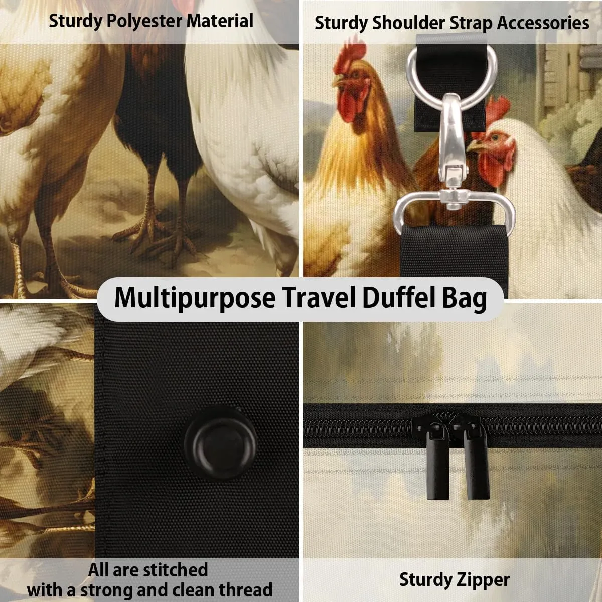 Farmhouse Rooster Chicken Travel Duffel Bag for Women Men Waterproof Foldable Overnight Weekender Bag Large Capacity Sports Gym Bag