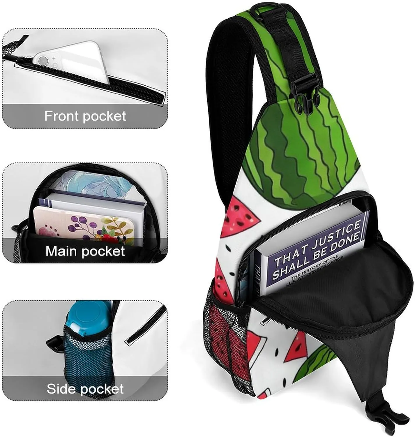 Fashion Sling Backpack, Rucksack, Delicious Watermelon Red Green Crossbody Daypacks Chest Shoulder Packs, Carry On Bag, Outdoor Sport Daypack Travel Bag for Men Women