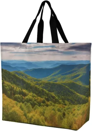 Fashionable Reusable Women's Shoulder Tote Bag Blue Ridge Parkway Mountains Printed with Unique Heat Transfer Print, Eco-Friendly Durable Polyester for Grocery, Travel & Gifts