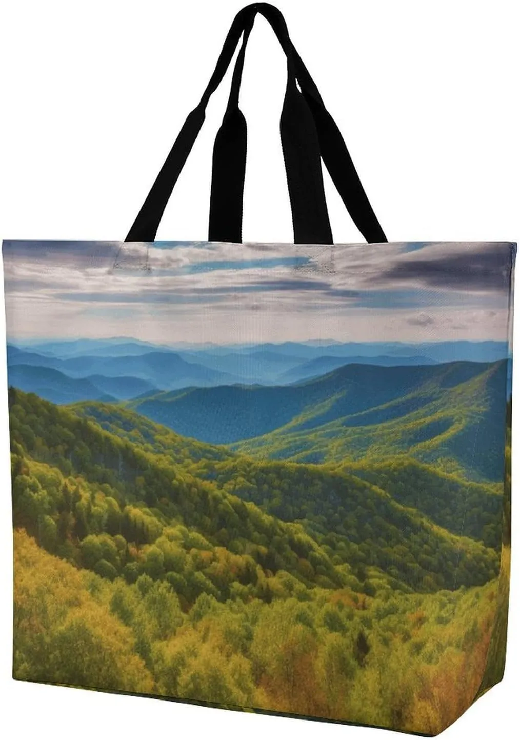 Fashionable Reusable Women's Shoulder Tote Bag Blue Ridge Parkway Mountains Printed with Unique Heat Transfer Print, Eco-Friendly Durable Polyester for Grocery, Travel & Gifts