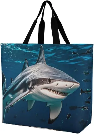 Fashionable Reusable Women's Shoulder Tote Bag Hammerhead Shark Scans The Ocean Printed with Unique Heat Transfer Print, Eco-Friendly Durable Polyester for Grocery, Travel & Gifts