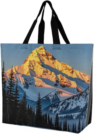 Fashionable Reusable Women's Shoulder Tote Bag Mountain Pine Tree Print Printed with Unique Heat Transfer Print, Eco-Friendly Durable Polyester for Grocery, Travel & Gifts