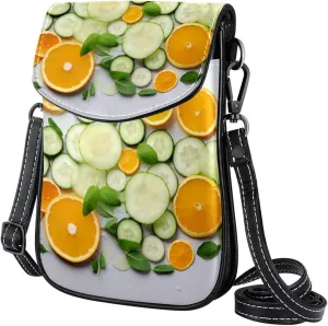 Faux Leather Crossbody Bag for Women, Messenger Bag, Shoulder Bag, Orange and Cucumber Fruit Vegetable