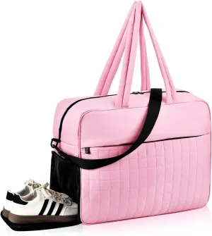 Felipe Varela Puffer Travel Duffle Bag, Gym Bag for Women with Shoe Compartment, Lightweight Tote Weekender Overnight Carry on Duffel Bags for Travel(Pink,36L)