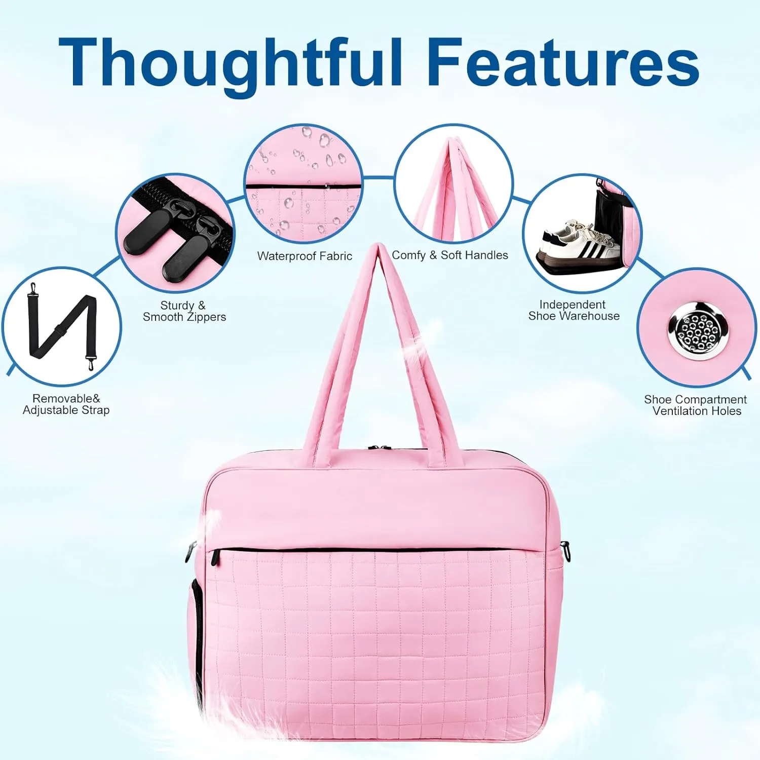 Felipe Varela Puffer Travel Duffle Bag, Gym Bag for Women with Shoe Compartment, Lightweight Tote Weekender Overnight Carry on Duffel Bags for Travel(Pink,36L)