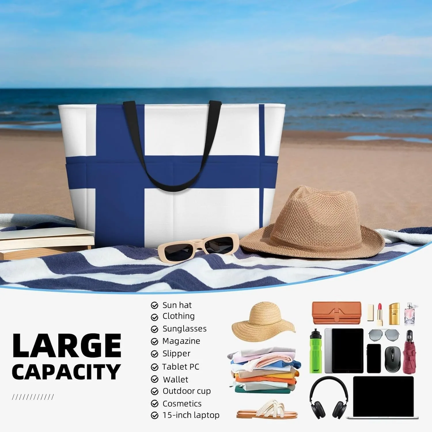 Finnish Flag Extra Large Tote Bag For Women,Foldable Beach Bag With Pocket Weekender Travel Overnight Bag