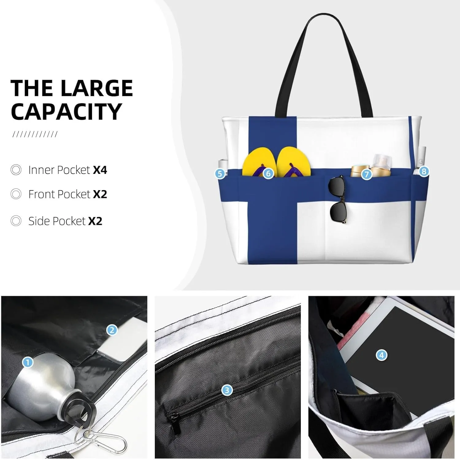 Finnish Flag Extra Large Tote Bag For Women,Foldable Beach Bag With Pocket Weekender Travel Overnight Bag