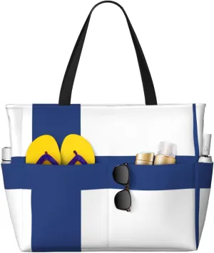 Finnish Flag Extra Large Tote Bag For Women,Foldable Beach Bag With Pocket Weekender Travel Overnight Bag