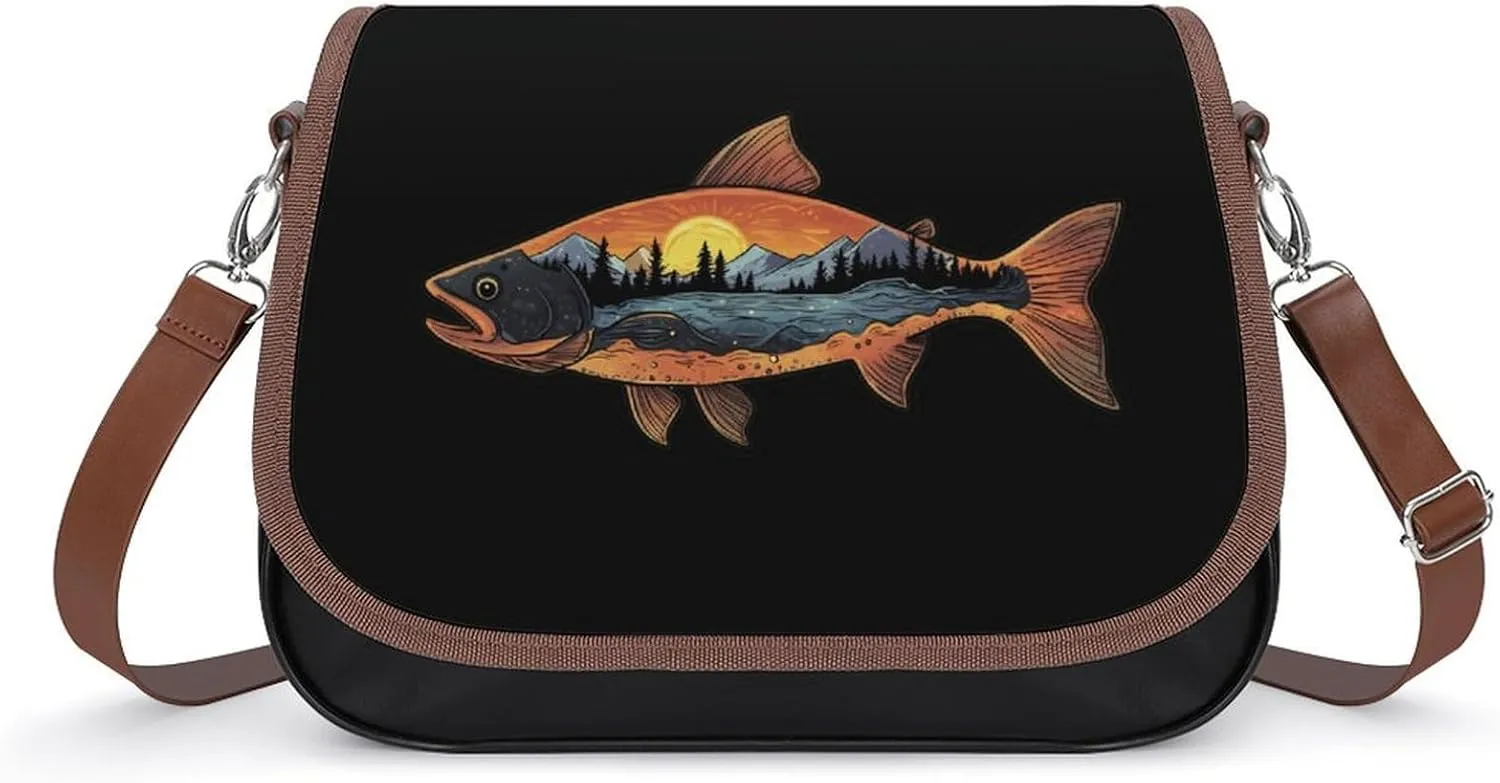 Fish Mountain River Sunset Crossbody Bags for Women Shoulder Bag Flap Handbags Leather Cross Body Purse