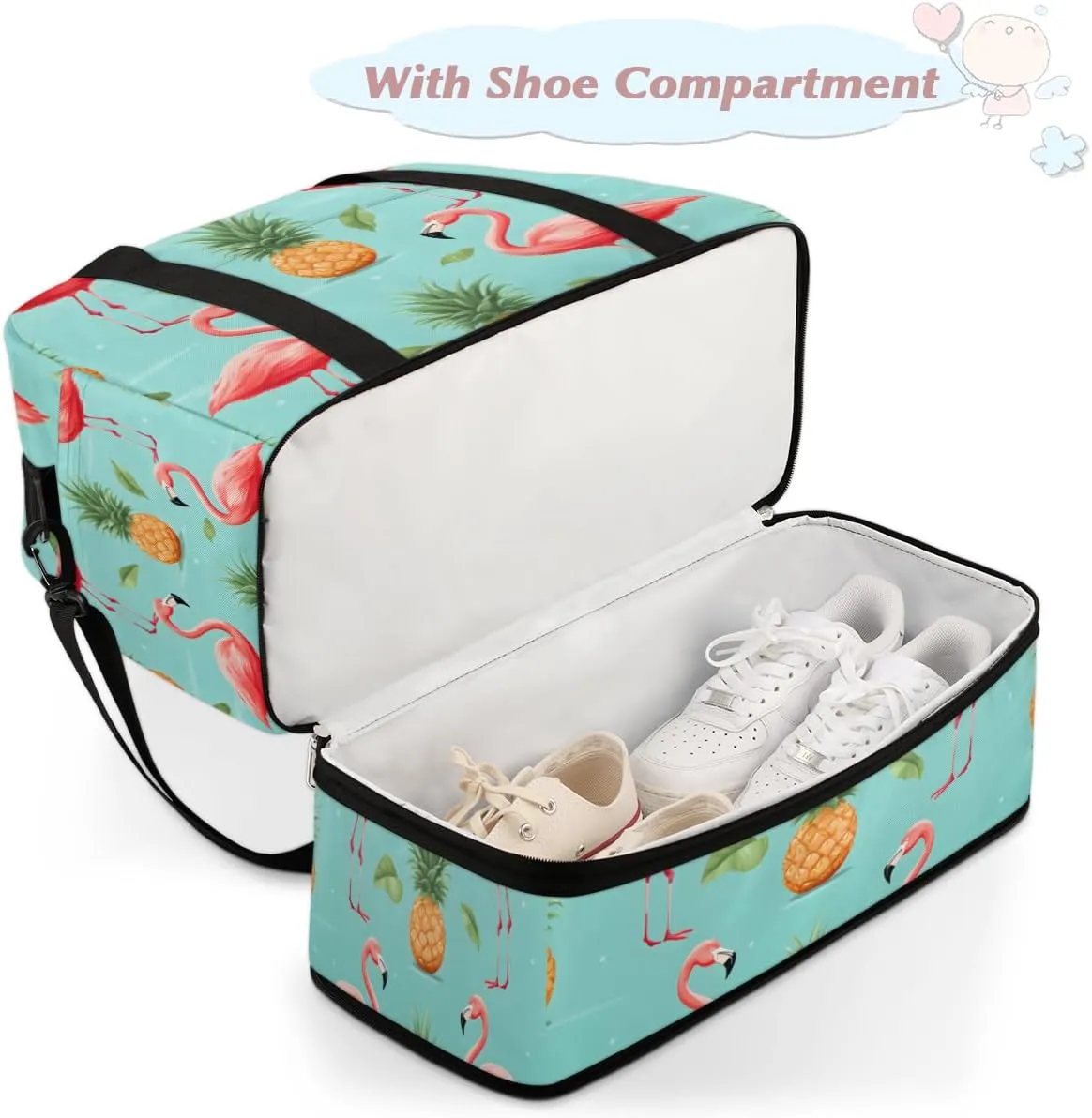 Flamingo Printed Foldable Travel Duffel Bag Overnight Weekender Bag with Shoes Compartment Sports Gym Bag for Men Women