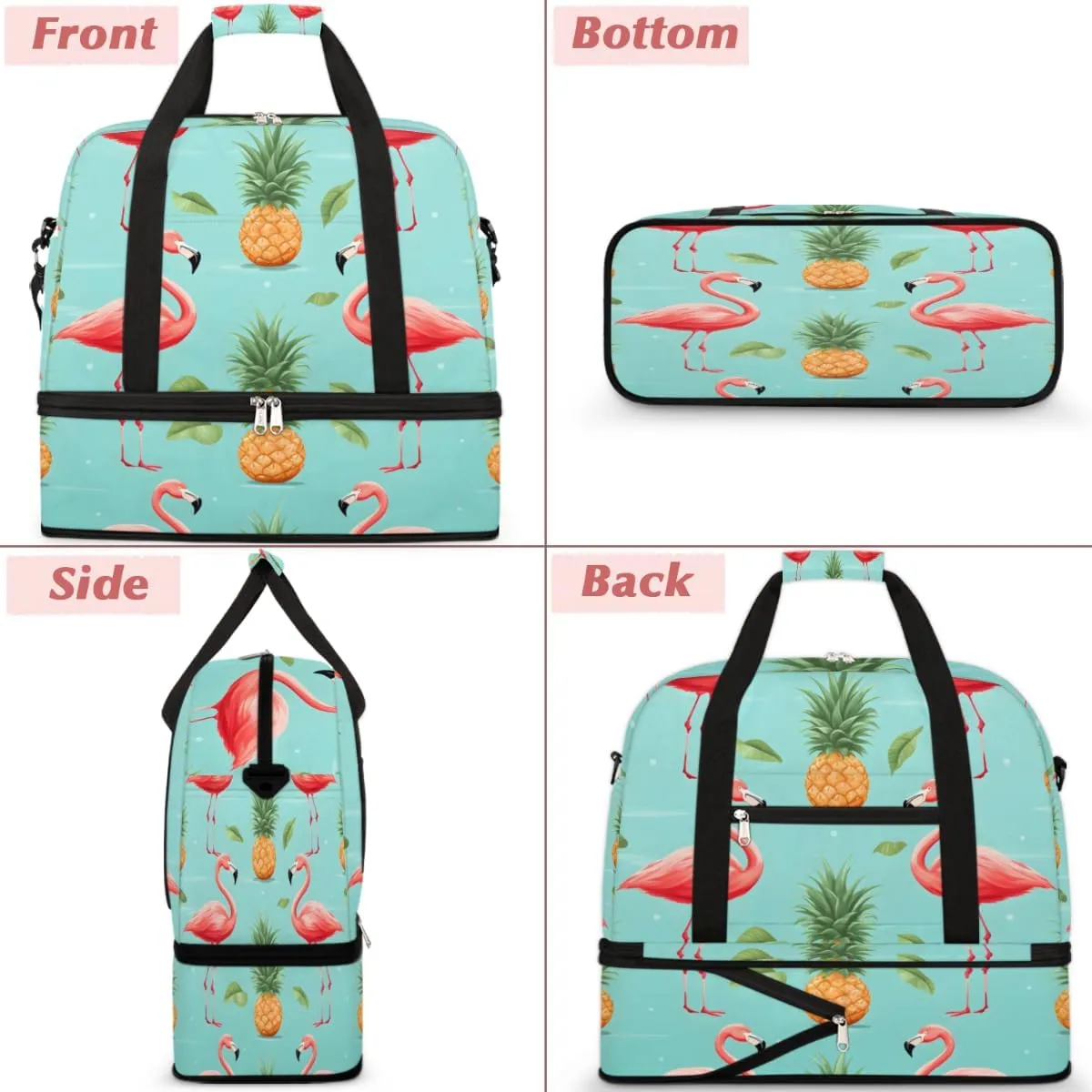 Flamingo Printed Foldable Travel Duffel Bag Overnight Weekender Bag with Shoes Compartment Sports Gym Bag for Men Women