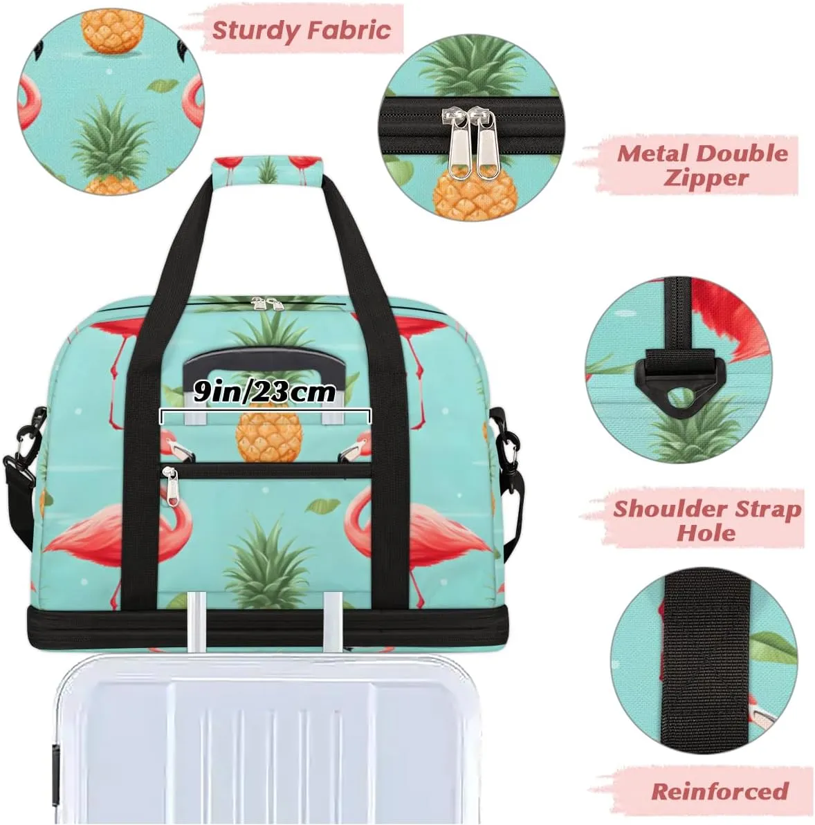 Flamingo Printed Foldable Travel Duffel Bag Overnight Weekender Bag with Shoes Compartment Sports Gym Bag for Men Women