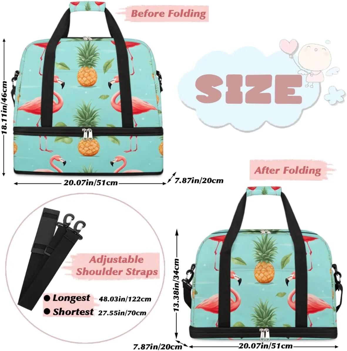 Flamingo Printed Foldable Travel Duffel Bag Overnight Weekender Bag with Shoes Compartment Sports Gym Bag for Men Women