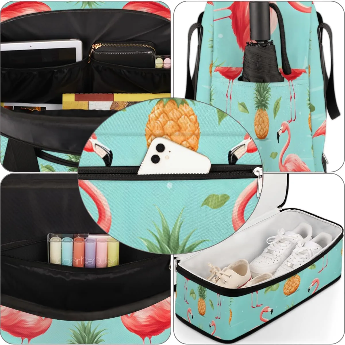Flamingo Printed Foldable Travel Duffel Bag Overnight Weekender Bag with Shoes Compartment Sports Gym Bag for Men Women