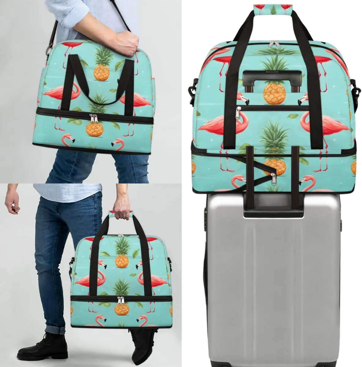 Flamingo Printed Foldable Travel Duffel Bag Overnight Weekender Bag with Shoes Compartment Sports Gym Bag for Men Women