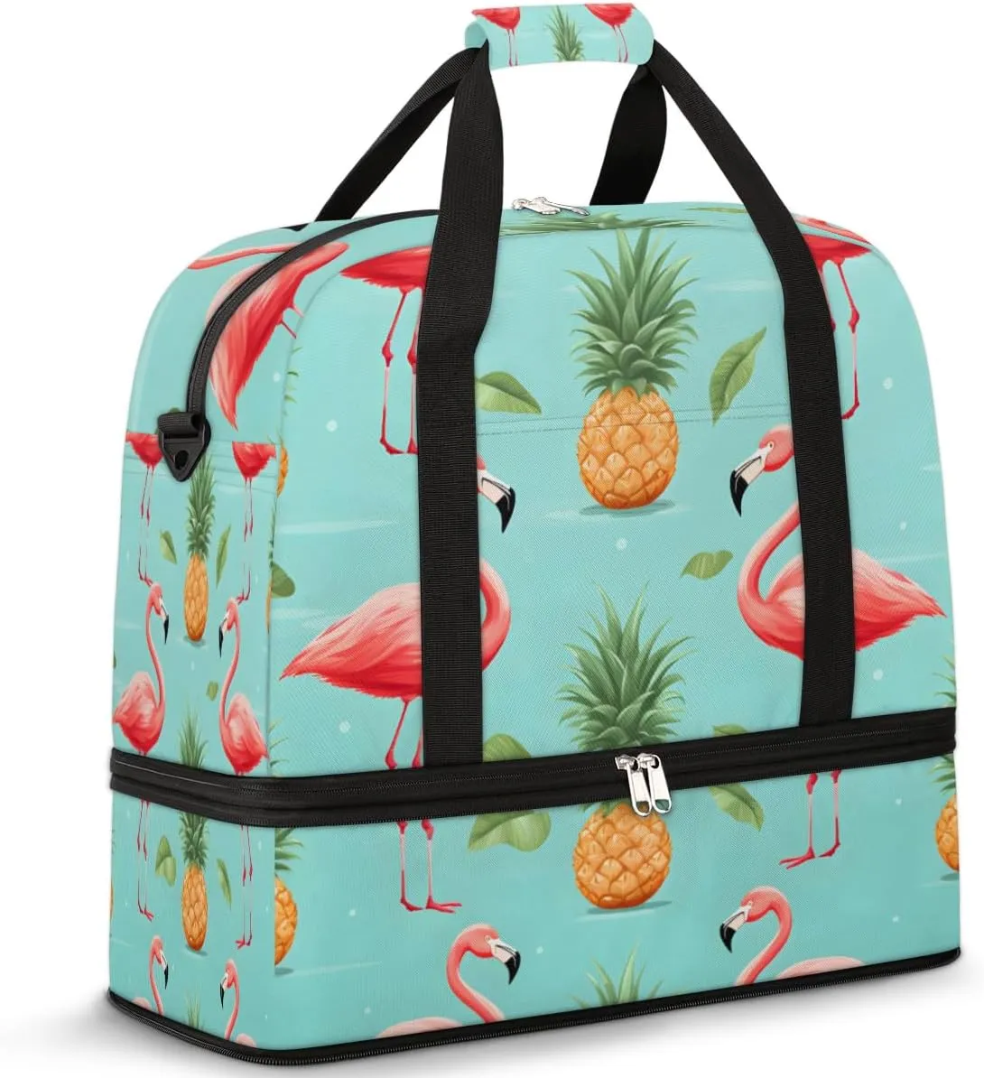 Flamingo Printed Foldable Travel Duffel Bag Overnight Weekender Bag with Shoes Compartment Sports Gym Bag for Men Women