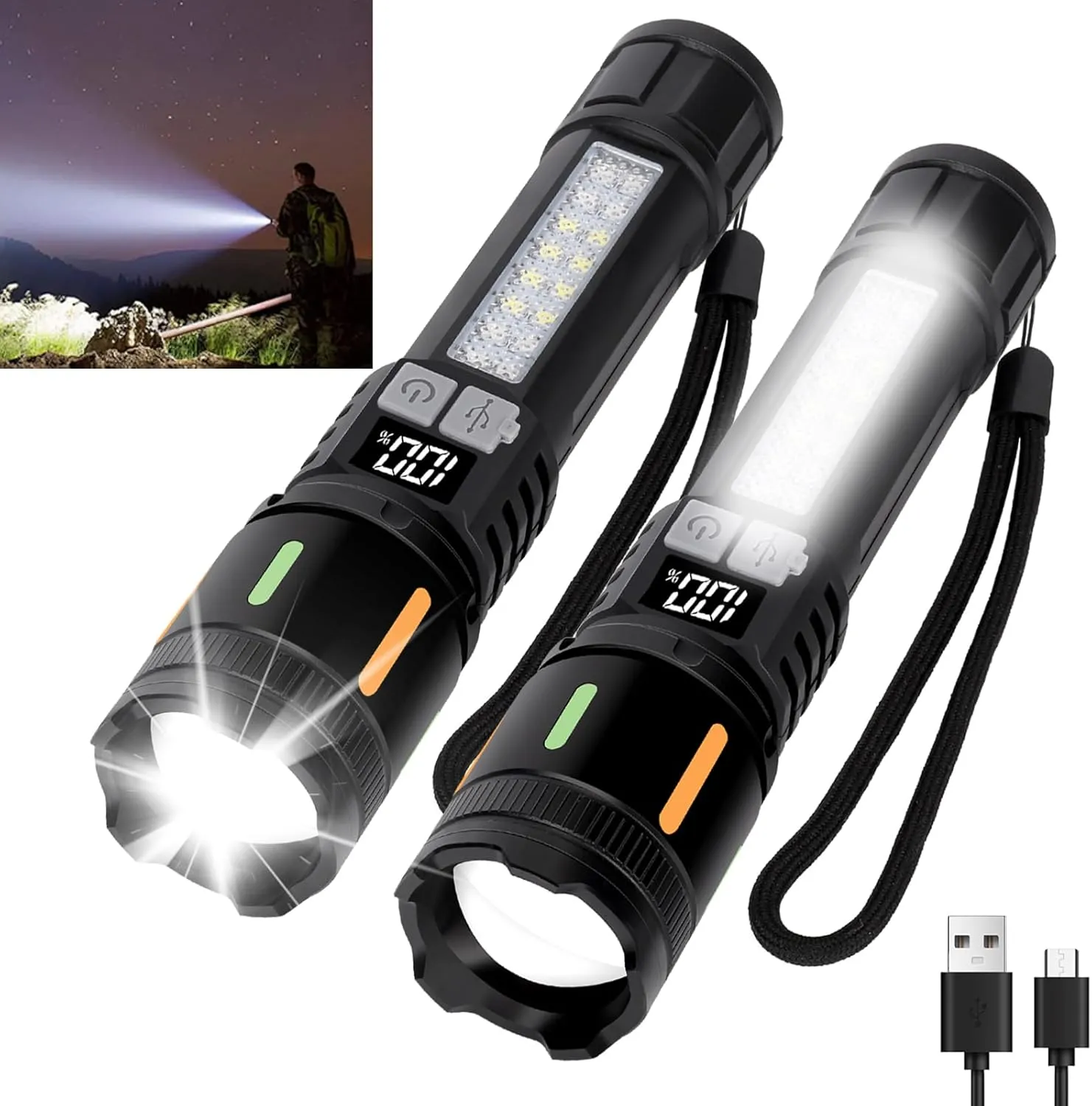 Flashlights High Lumens Rechargeable 2 Packs, LED Battery Powered Tactical Handheld Flashlight with 5 Modes, Cob Side Light, USB C, Zoomable, Waterproof for Outdoor Emergencies
