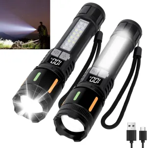 Flashlights High Lumens Rechargeable 2 Packs, LED Battery Powered Tactical Handheld Flashlight with 5 Modes, Cob Side Light, USB C, Zoomable, Waterproof for Outdoor Emergencies